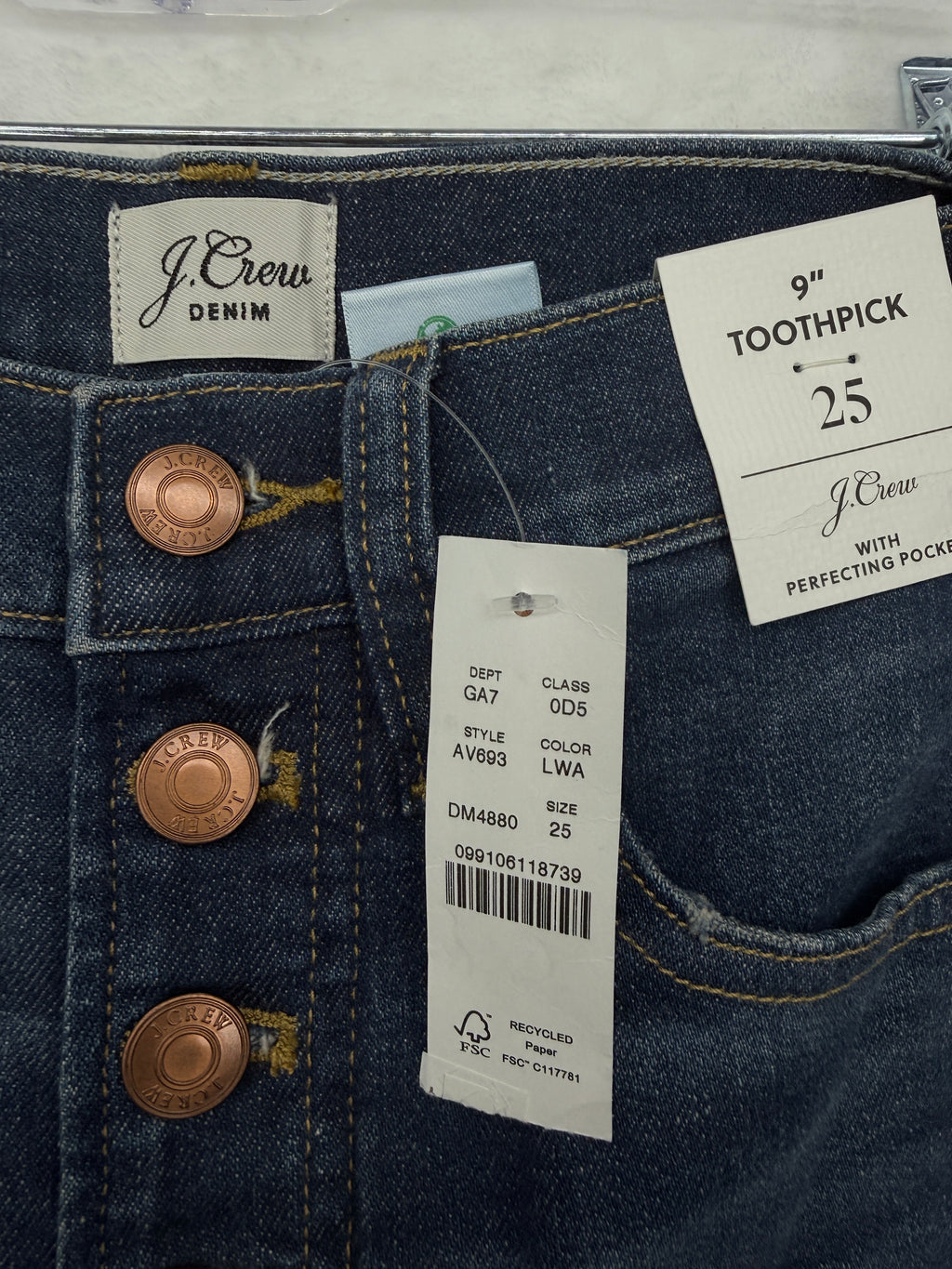 J.Crew Toothpick Jeans 25 Blue 9in Rise Button Fly Perfecting Pockets NWT