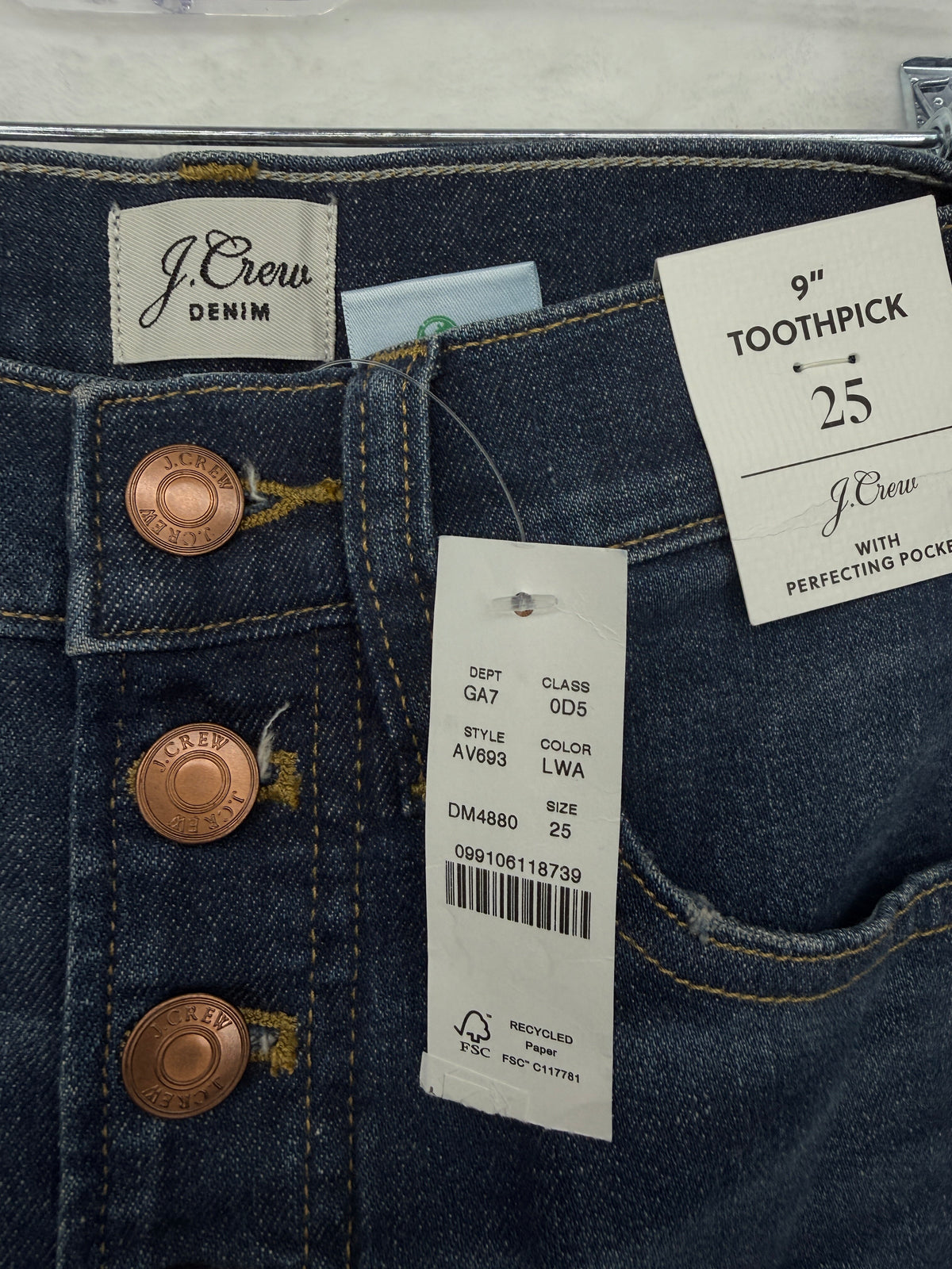 J.Crew Toothpick Jeans 25 Blue 9in Rise Button Fly Perfecting Pockets NWT