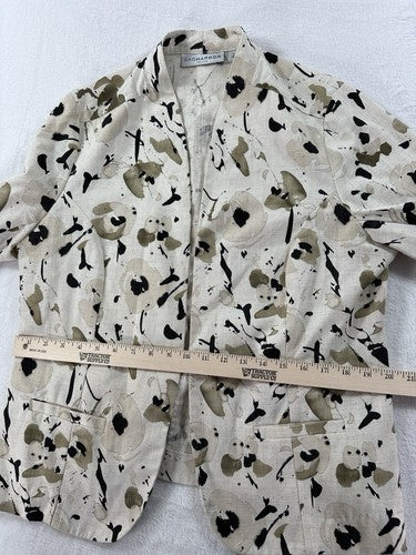 Sag Harbor Linen Blazer Size 14 Petite Tan Beige Abstract Print Womens