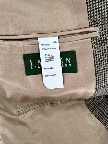 Lauren Ralph Lauren Blazer 40R Men’s Brown Tan Houndstooth Suit Jacket 2 Button