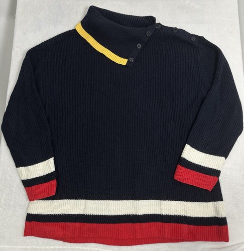 Talbots XL Sweater Shaker Knit Split Neck Navy Blue Red Womens Long Sleeve