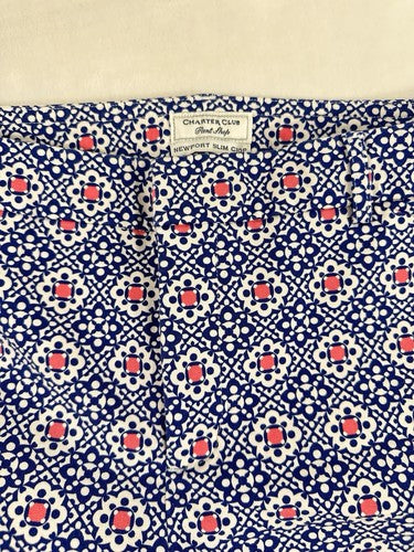 Charter Club Newport Slim Crop Pants 12 Blue Print Womens Cotton Stretch