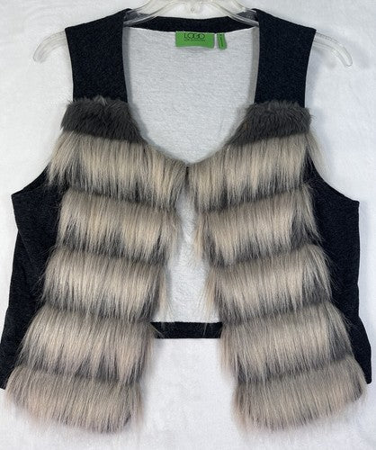 New LOGO By Lori Goldstein Medium Faux Fur Vest Gray Knit Back Womens
