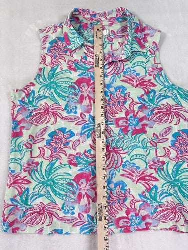 Stella Parker Top XL Sleeveless Polo Tropical Print Palm Trees Hibiscus Floral