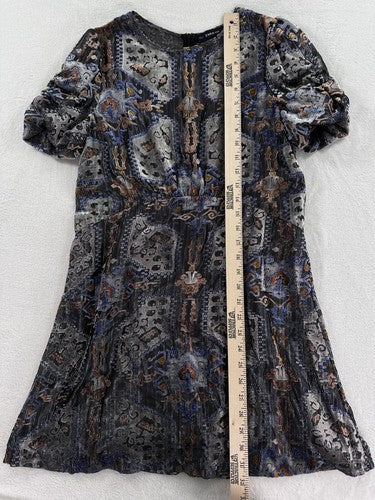 Zara Knit Dress Medium Indian Print Semi Sheer Bodice Knee Length Lightweight