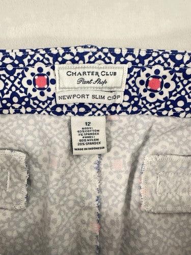 Charter Club Newport Slim Crop Pants 12 Blue Print Womens Cotton Stretch