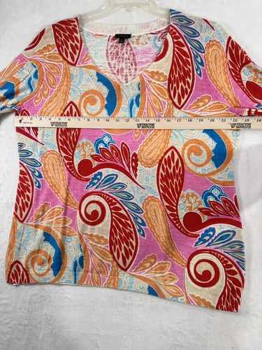 Talbots Sweater XL V Neck Pullover Cotton Paisley Print Red Blue Pink 3/4 Sleeve