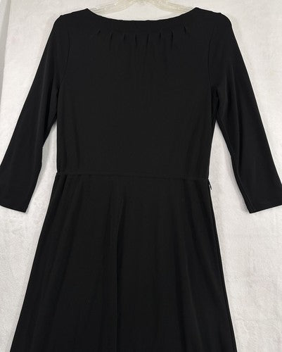Lands End Dress Medium Black Midi Long Sleeve A-Line Pleated Neck Rayon Poly