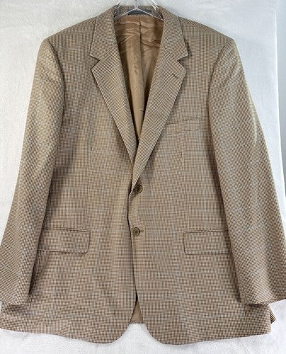 Talbots Men’s Blazer 46R Silk Wool Tan Windowpane Check 2 Button Single Vent