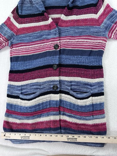 J Jill Large Petite Open Knit Cardigan Sweater Long Blue Linen Cotton Buttons