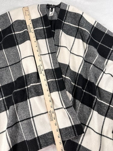 Talbots Ruana Medium Large Ruffle Plaid Poncho Wrap Black White Wool Blend