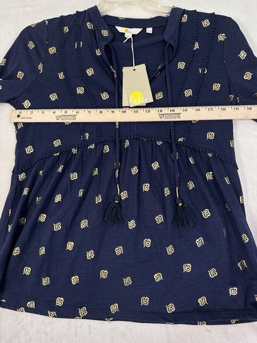Boden Gemma Top US 8 UK 12 Navy Blue Gold Print  Jersey Knit Blouse Womens NWT