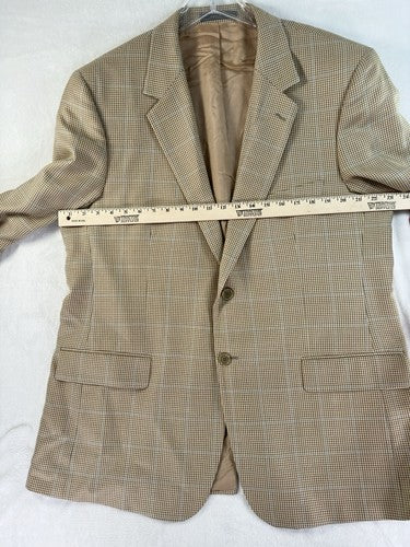Talbots Men’s Blazer 46R Silk Wool Tan Windowpane Check 2 Button Single Vent