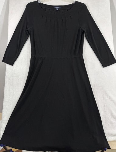 Lands End Dress Medium Black Midi Long Sleeve A-Line Pleated Neck Rayon Poly