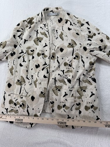 Sag Harbor Linen Blazer Size 14 Petite Tan Beige Abstract Print Womens