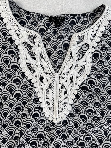 Talbots Top Small Tunic Black White Embroidered Lightweight Cotton Womens
