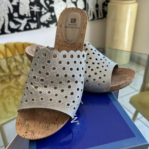 White Mountain Sandals 11 11M Cork Wedge Silver Womens Heels