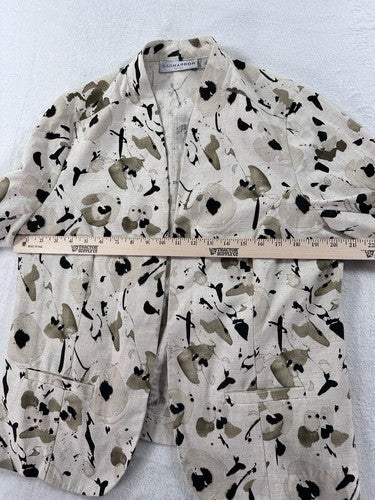 Sag Harbor Linen Blazer Size 14 Petite Tan Beige Abstract Print Womens