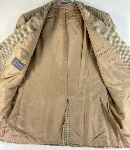 Talbots Men’s Blazer 46R Silk Wool Tan Windowpane Check 2 Button Single Vent