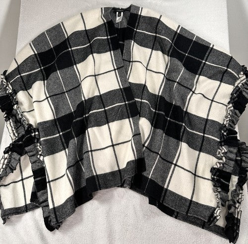 Talbots Ruana Medium Large Ruffle Plaid Poncho Wrap Black White Wool Blend