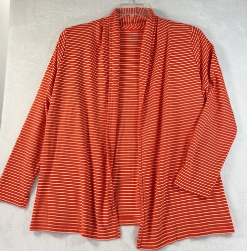 LL Bean Supima Cotton Cardigan Medium Petite Womens Orange Striped Open Front MP