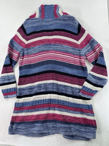 J Jill Large Petite Open Knit Cardigan Sweater Long Blue Linen Cotton Buttons