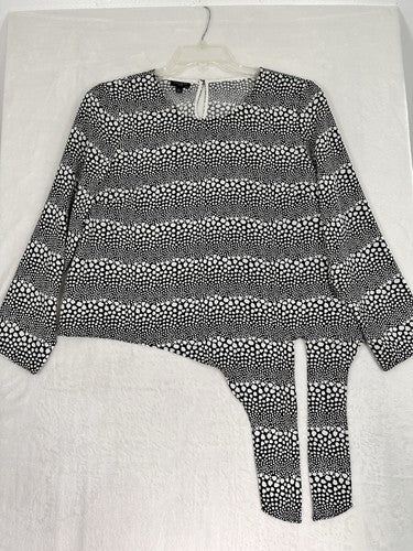 Talbots Top Size Large Petite Black White Print Tie Hem Womens Blouse LP