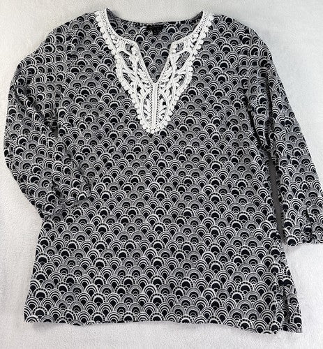 Talbots Top Small Tunic Black White Embroidered Lightweight Cotton Womens
