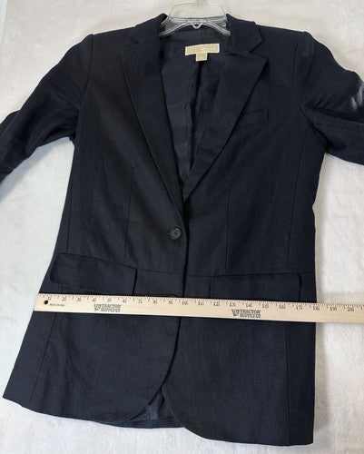 Michael Kors Jacket Size 4 100% Linen Blazer Navy Blue 2 Button Womens