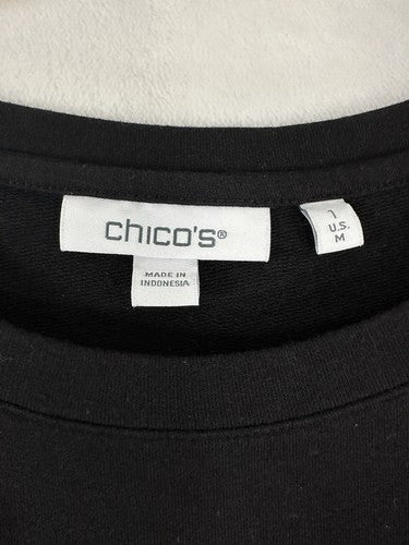 Chicos Size 1 Tops Medium Foil Sleeve Sweatshirt Black Top Womens Crewneck