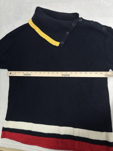 Talbots XL Sweater Shaker Knit Split Neck Navy Blue Red Womens Long Sleeve