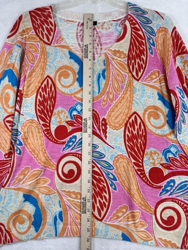 Talbots Sweater XL V Neck Pullover Cotton Paisley Print Red Blue Pink 3/4 Sleeve