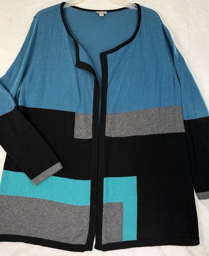 J Jill Medium Open Front Cardigan Sweater Blue Black Gray Colorblock Womens