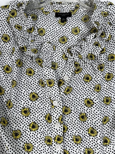 Talbots Top Medium Petite MP Sleeveless Shell Sunflower Print Ruffle Blouse