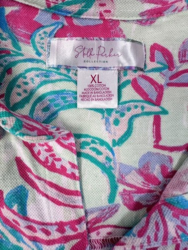 Stella Parker Top XL Sleeveless Polo Tropical Print Palm Trees Hibiscus Floral