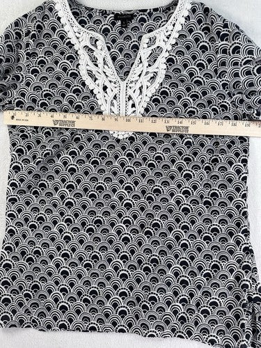 Talbots Top Small Tunic Black White Embroidered Lightweight Cotton Womens