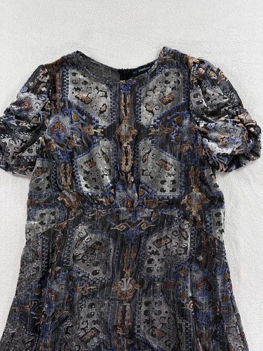Zara Knit Dress Medium Indian Print Semi Sheer Bodice Knee Length Lightweight