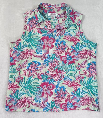 Stella Parker Top XL Sleeveless Polo Tropical Print Palm Trees Hibiscus Floral