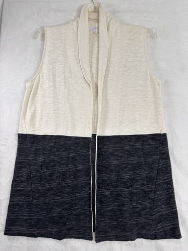 T By Talbots Medium Colorblock Vest Shawl Collar Ivory Gray Knit Neutral Womens