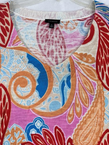 Talbots Sweater XL V Neck Pullover Cotton Paisley Print Red Blue Pink 3/4 Sleeve