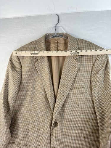 Talbots Men’s Blazer 46R Silk Wool Tan Windowpane Check 2 Button Single Vent