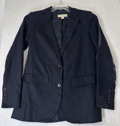 Michael Kors Jacket Size 4 100% Linen Blazer Navy Blue 2 Button Womens
