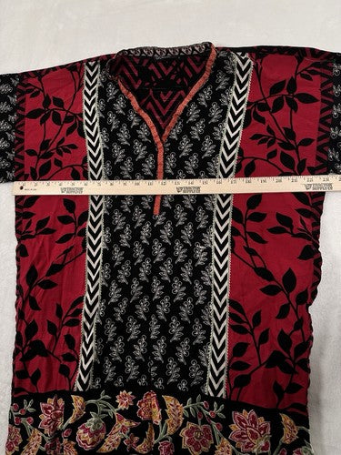 Alkaram Studio Tunic Top Large Fringe Boho  Womens Red Black Tribal Print
