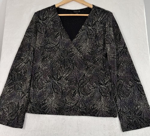 Citiknits Medium Faux Wrap Top Black Floral Print Womens Long Sleeve Blouse