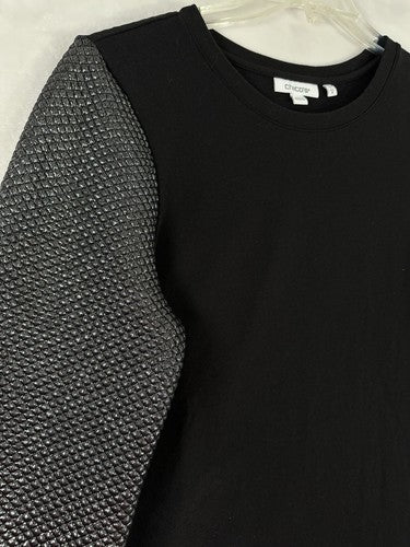 Chicos Size 1 Tops Medium Foil Sleeve Sweatshirt Black Top Womens Crewneck
