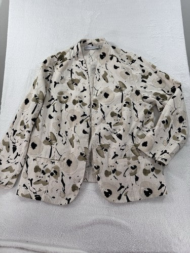 Sag Harbor Linen Blazer Size 14 Petite Tan Beige Abstract Print Womens