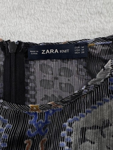 Zara Knit Dress Medium Indian Print Semi Sheer Bodice Knee Length Lightweight