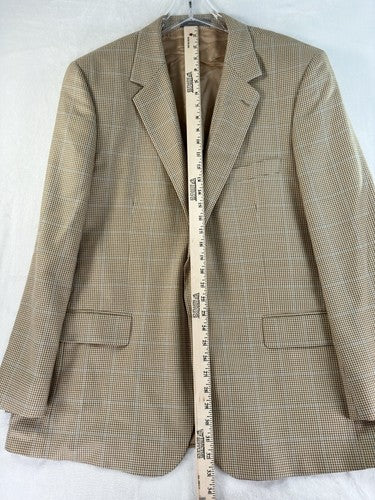 Talbots Men’s Blazer 46R Silk Wool Tan Windowpane Check 2 Button Single Vent