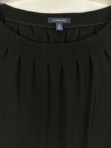 Lands End Dress Medium Black Midi Long Sleeve A-Line Pleated Neck Rayon Poly