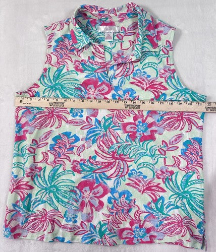 Stella Parker Top XL Sleeveless Polo Tropical Print Palm Trees Hibiscus Floral
